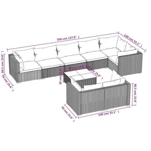 vidaXL 9 Piece Garden Lounge Set with Cushions Grey Poly Rattan - Image 4