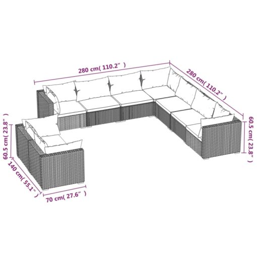 9 Piece Garden Lounge Set with Cushions Grey Poly Rattan - Image 3