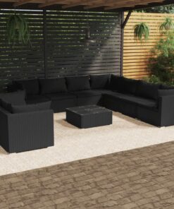 vidaXL 10 Piece Garden Lounge Set with Cushions Black Poly Rattan