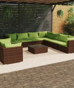vidaXL 10 Piece Garden Lounge Set with Cushions Brown Poly Rattan