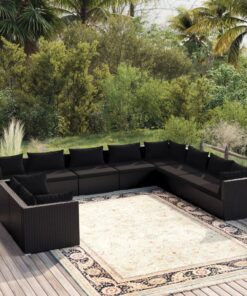 vidaXL 10 Piece Garden Lounge Set with Cushions Black Poly Rattan