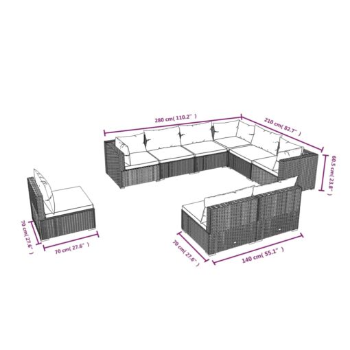 vidaXL 9 Piece Garden Lounge Set with Cushions Poly Rattan Brown - Image 3