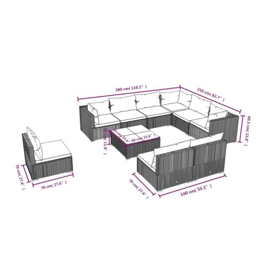 10 Piece Garden Lounge Set with Cushions Poly Rattan Grey - Image 4