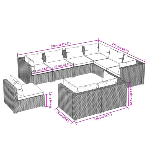 vidaXL 9 Piece Garden Lounge Set with Cushions Poly Rattan Brown - Image 3