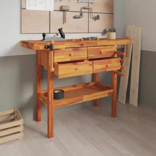 vidaXL Workbench with Drawers and Vices 124x52x83 cm Solid Wood Acacia