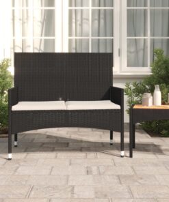 vidaXL 2-Seater Garden Bench with Cushions Black Poly Rattan