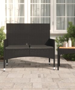 vidaXL 2-Seater Garden Bench with Cushions Black Poly Rattan