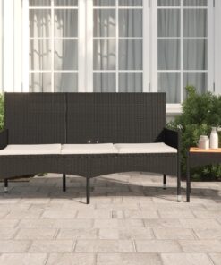 vidaXL 3-Seater Garden Bench with Cushions Black Poly Rattan