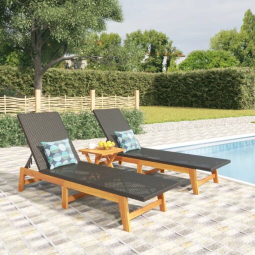 vidaXL Sun Loungers 2 pcs Black and Brown Poly Rattan&Solid Wood Acacia