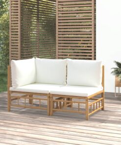 vidaXL 2 Piece Garden Lounge Set with Cream White Cushions Bamboo