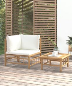 vidaXL 2 Piece Garden Lounge Set with Cream White Cushions Bamboo