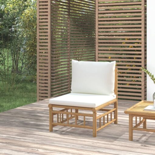 vidaXL Garden Middle Sofa with Cream White Cushions Bamboo