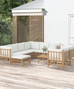 vidaXL 10 Piece Garden Lounge Set with Cream White Cushions Bamboo