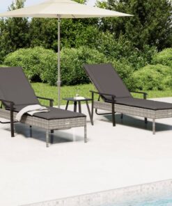 vidaXL Sun Loungers 2 pcs with Table and Cushions Grey Poly Rattan