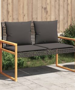 vidaXL Garden Bench with Cushion Black Poly Rattan Acacia Wood