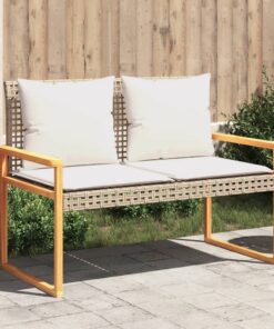 vidaXL Garden Bench with Cushion Mix Beige Poly Rattan Acacia Wood