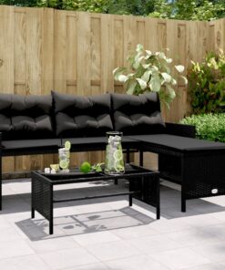 vidaXL Garden Sofa with Table and Cushions L-Shaped Black Poly Rattan