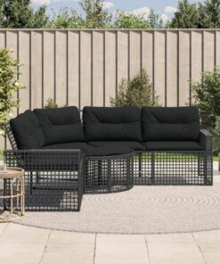 vidaXL Garden Sofa with Cushions and Footstool L-Shaped Black Poly Rattan