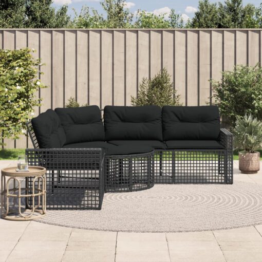 vidaXL Garden Sofa with Cushions and Footstool L-Shaped Black Poly Rattan