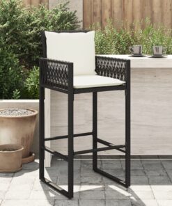 vidaXL Garden Bar Stools with Cushions 2 pcs Black Poly Rattan