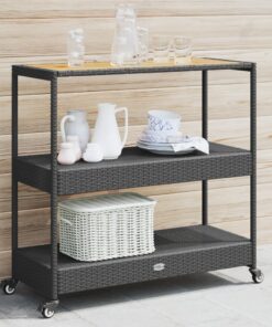 vidaXL Bar Cart 3-Tier Black Poly Rattan and Solid Wood Acacia