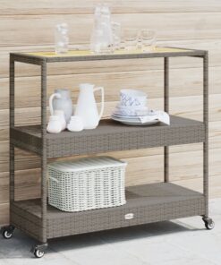 vidaXL Bar Cart 3-Tier Grey Poly Rattan and Solid Wood Acacia