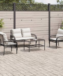 vidaXL 4 Piece Garden Sofa Set with Cushions Black Poly Rattan
