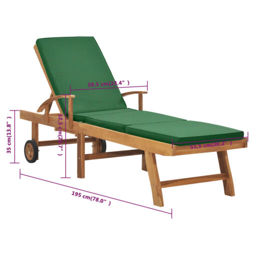Sun Lounger with Cushion Solid Teak Wood Green - Image 7