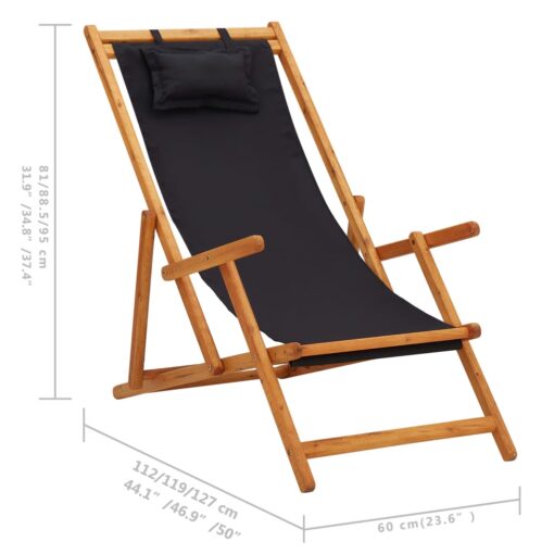 Folding Beach Chair Solid Eucalyptus Wood and Fabric Black - Image 6