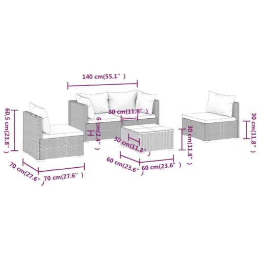 5 Piece Garden Lounge Set with Cushions Poly Rattan Grey - Image 5