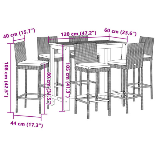 vidaXL 7 Piece Garden Bar Set Grey Solid Wood Acacia and Poly Rattan - Image 7
